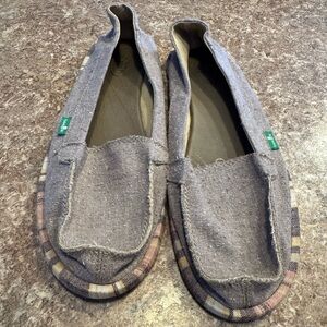 Sanuk Tan Slip-On Shoes with Plaid Accent